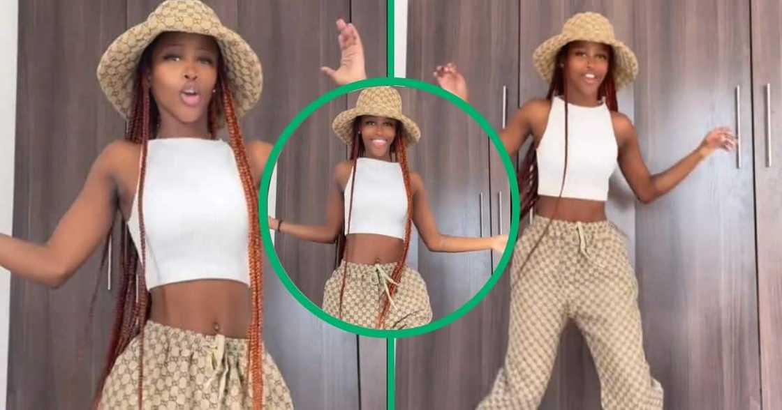 Young woman dancing in Gucci outfit Young woman dancing in Gucci outfit