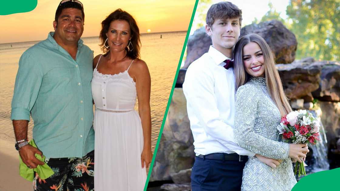 Addison Rae's parents standing on the beach and her taking a picture with Bryce Hall while carrying a bouquet