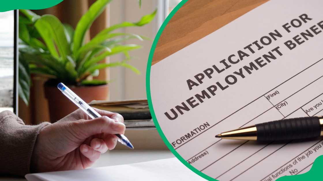 Unemployment benefits application. A person writing a claim Unemployment benefits application. A person writing a claim