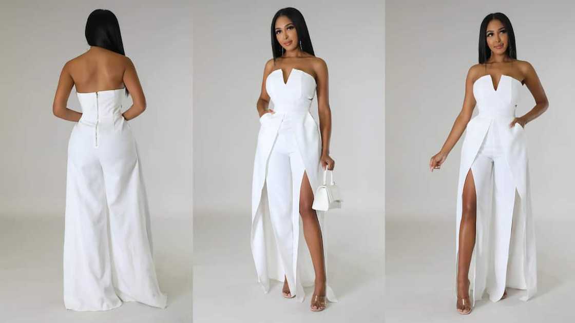 Wide-leg strapless jumpsuit with V-neckline and high-side slits