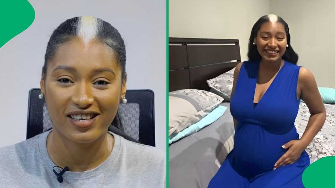 A woman with a white streak in her hair showed her newborn had the same trait. A woman with a white streak in her hair showed her newborn had the same trait.