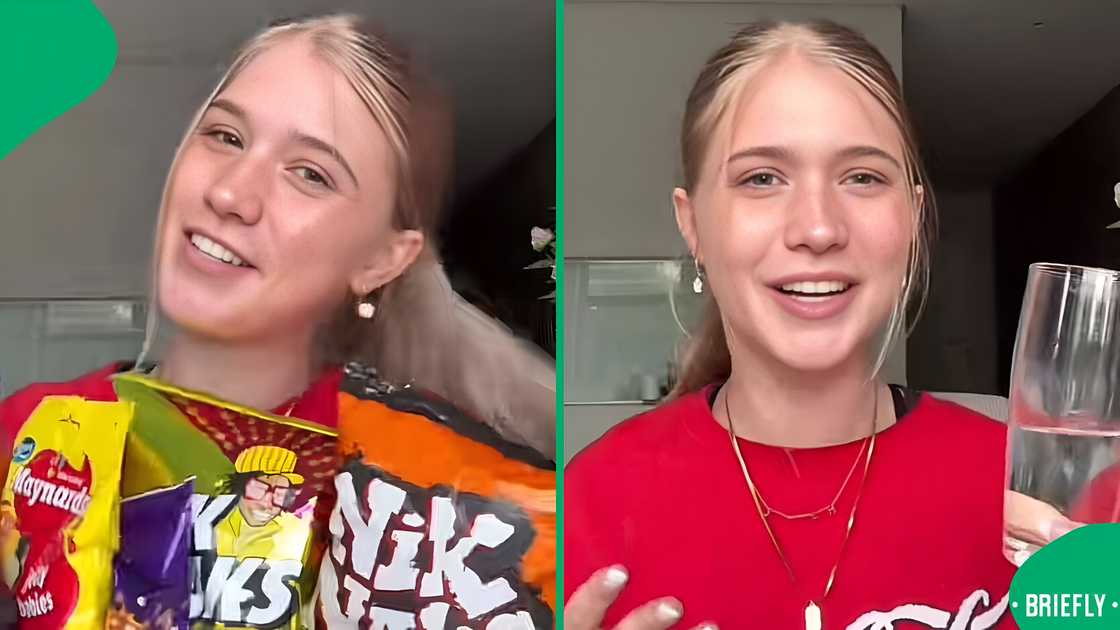 A woman compared South African and United Kingdom snacks in a TikTok video. A woman compared South African and United Kingdom snacks in a TikTok video.