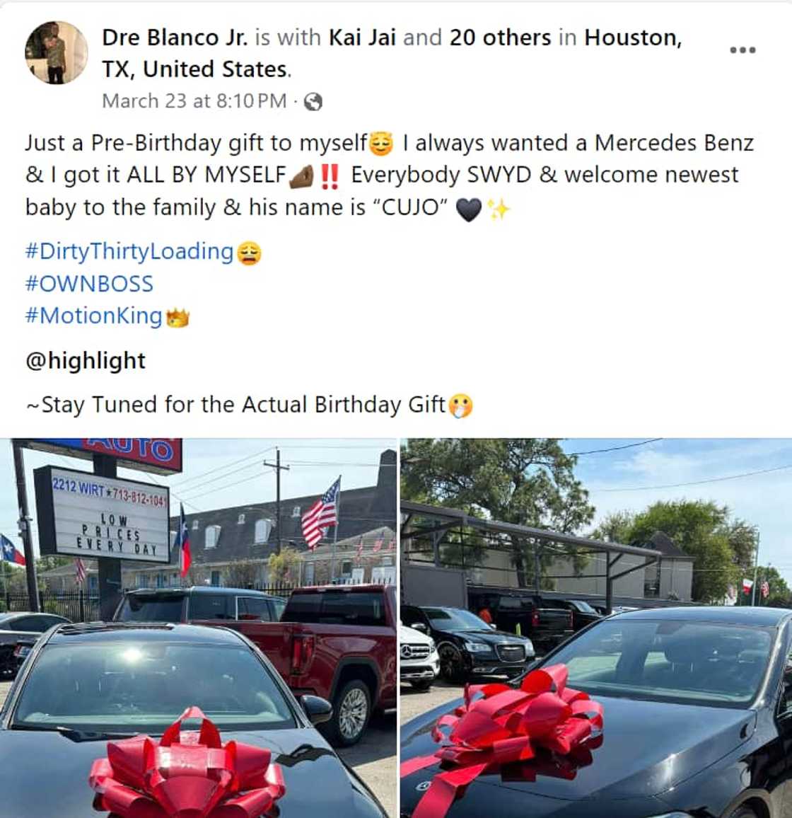 Man buys Mercedes-Benz as pre-birthday gift.