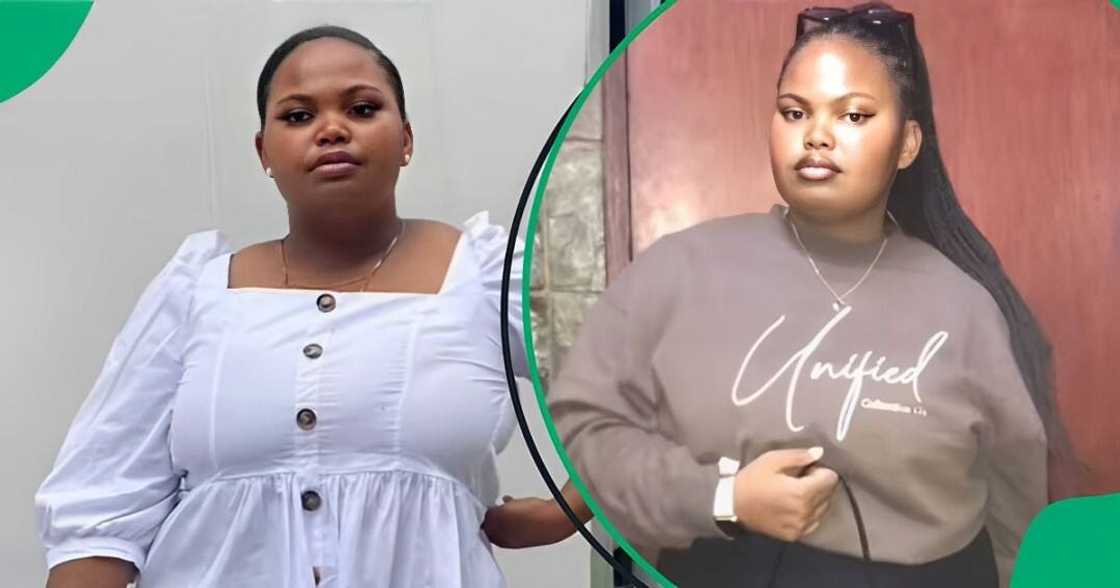 A TikTok video shows a woman unveiling her weight loss journey.