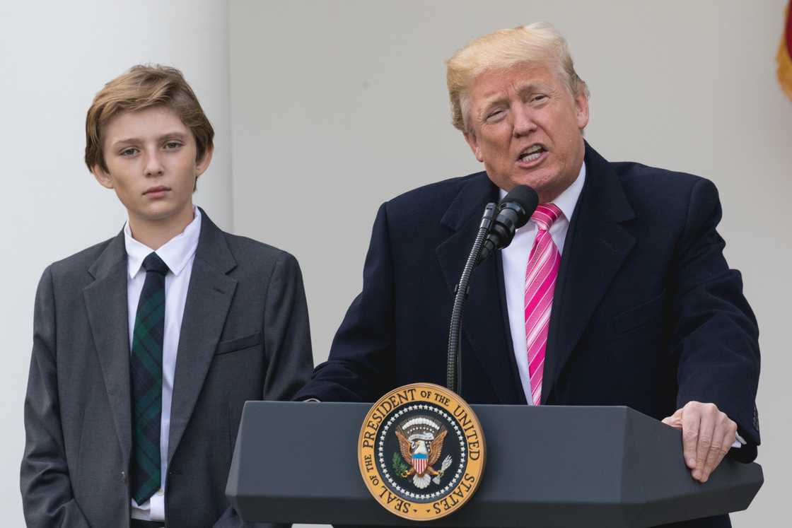 Barron and Donald Trump in the Rose Garden of the White House