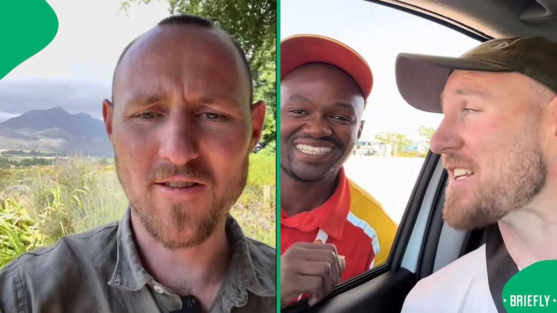 A man in South Africa spoke Xhosa with a petrol attendant. A man in South Africa spoke Xhosa with a petrol attendant.