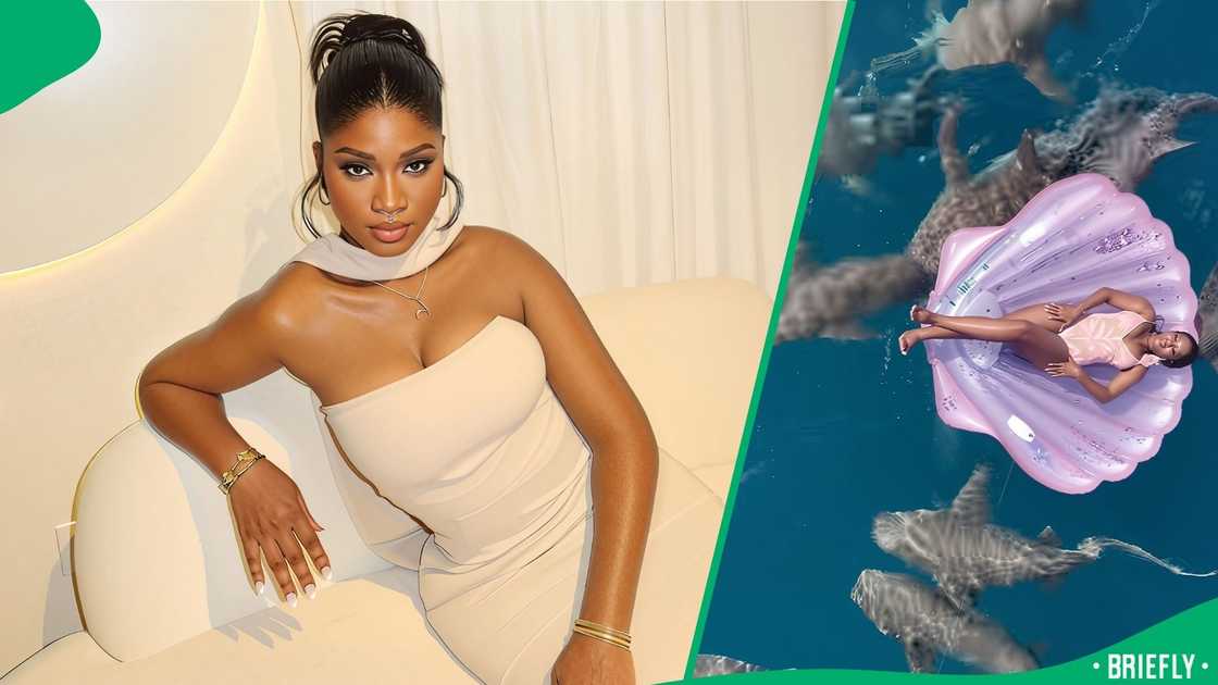 The woman was lying in a sea-shell-shaped floatation device when a shark bumped it with its tail The woman was lying in a sea-shell-shaped floatation device when a shark bumped it with its tail