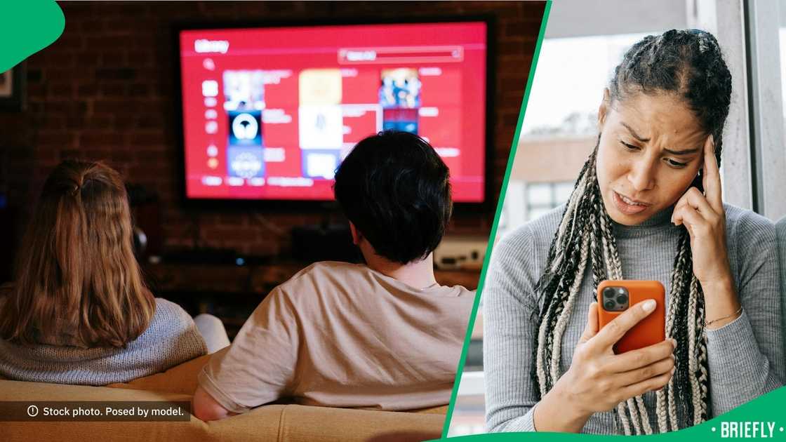 People watching TV, and a woman looking at her phone.