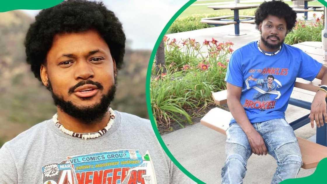 CoryxKenshin posing for the camera (L). The YouTuber wearing a blue t-shirt from his clothing line (R)