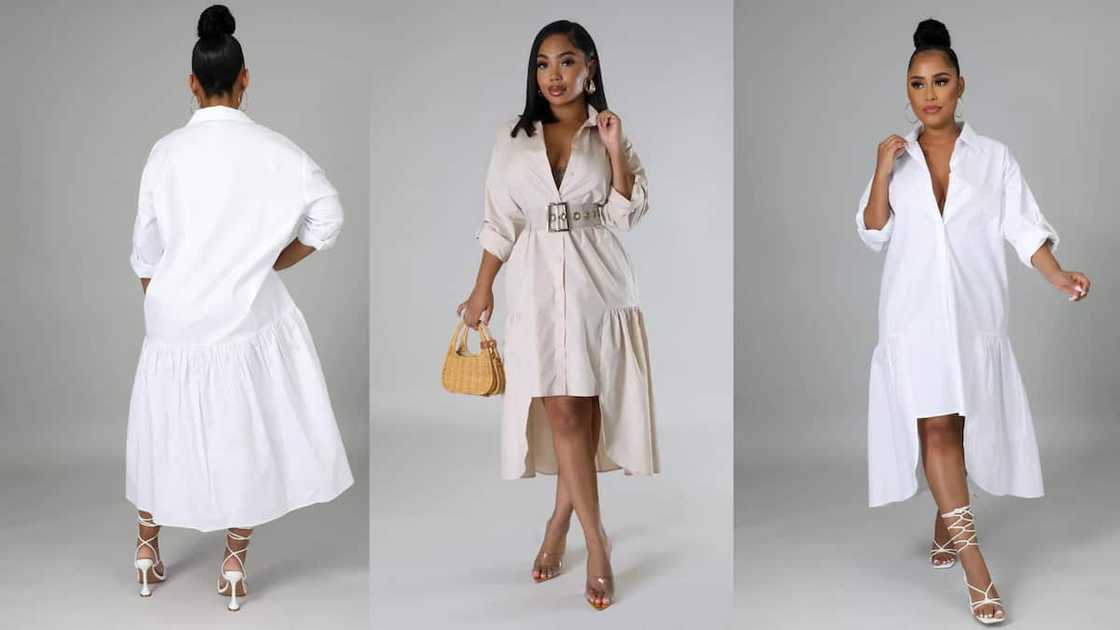 Long-sleeved collared tunic dress with flare bottom and button closure Long-sleeved collared tunic dress with flare bottom and button closure