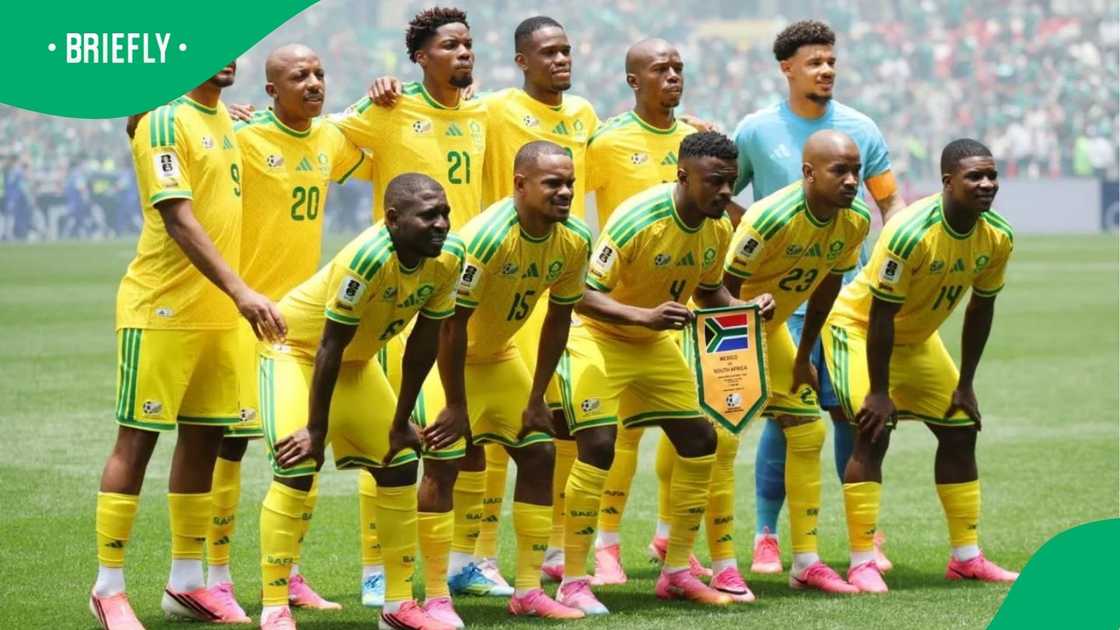 Eleven players stood and knelt in two rows for a team photo while one player held up an official South African pennant Eleven players stood and knelt in two rows for a team photo while one player held up an official South African pennant