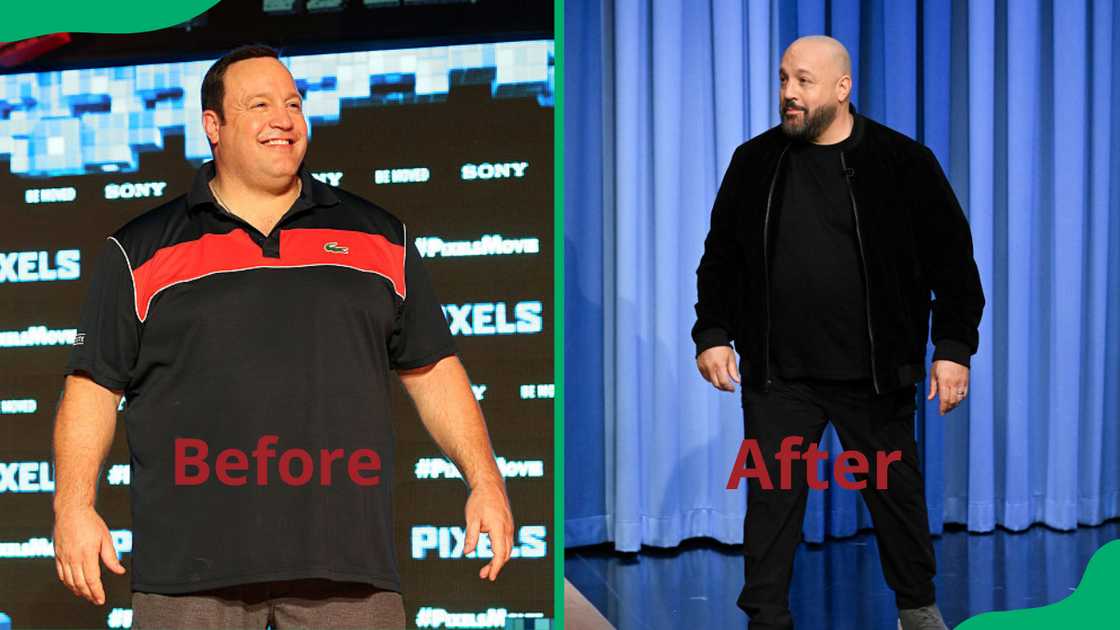 Kevin James at The Ritz-Carlton Cancun in Cancun, Mexico (L). Kevin James on The Tonight Show (R).