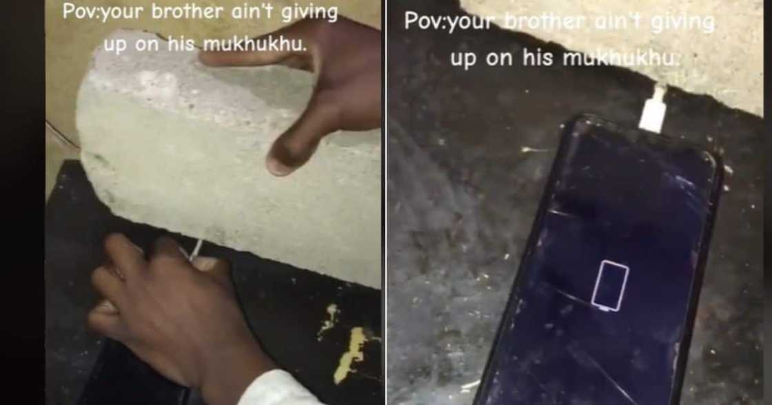 TikTok video of man making phone charger work by using brick TikTok video of man making phone charger work by using brick