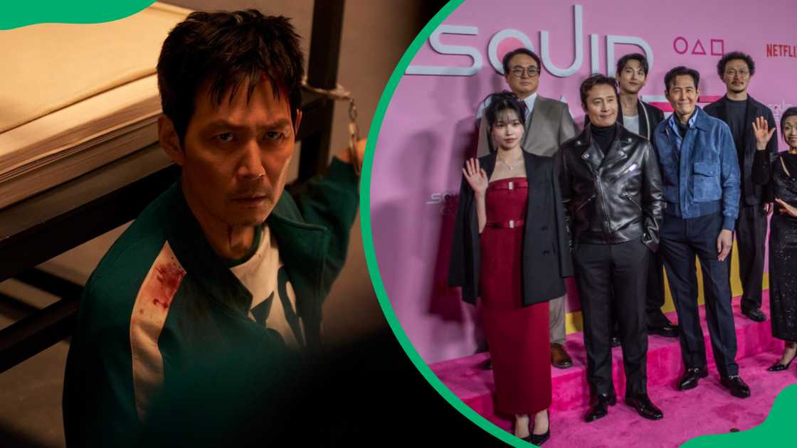 Gi-hun in one of the scenes of Season 3 (L). (L-R) Squid Game actors Jo Yu-ri, Lee Seo-hwan, Lee Byung-hun, Yim Si-wan, Lee Jung-jae, Yang Dong-geun and Kang Ae-shim during Netflix's Squid Game Season 2 (R).