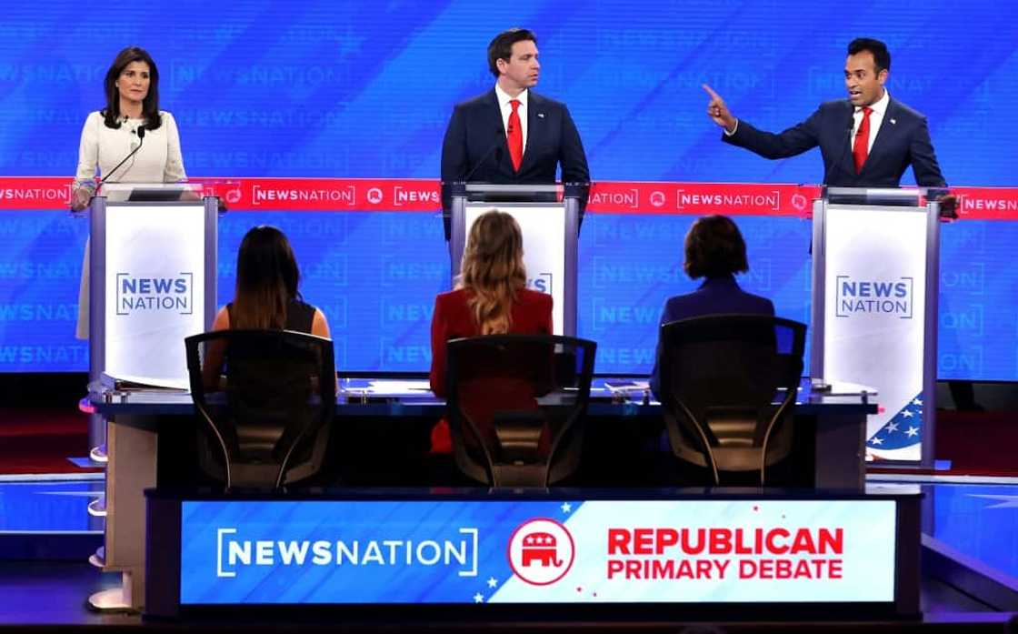 Republican presidential hopeful Vivek Ramaswamy (R) clashed with  former UN Ambassador Nikki Haley (L) and Florida Governor Ron DeSantis (C) at the Republican primary debate in Tuscaloosa, Alabama Republican presidential hopeful Vivek Ramaswamy (R) clashed with  former UN Ambassador Nikki Haley (L) and Florida Governor Ron DeSantis (C) at the Republican primary debate in Tuscaloosa, Alabama
