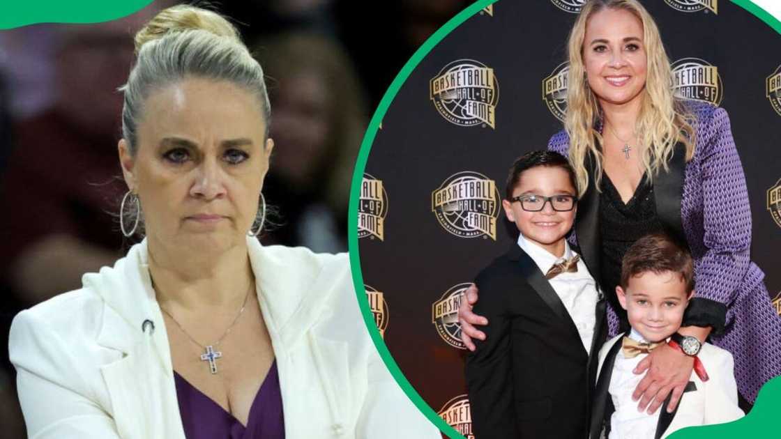 Becky Hammon during her team's match against the Minnesota Lynx in 2024 (L). The coach with her sons attending the 2023 Naismith Basketball Hall of Fame Induction (R)