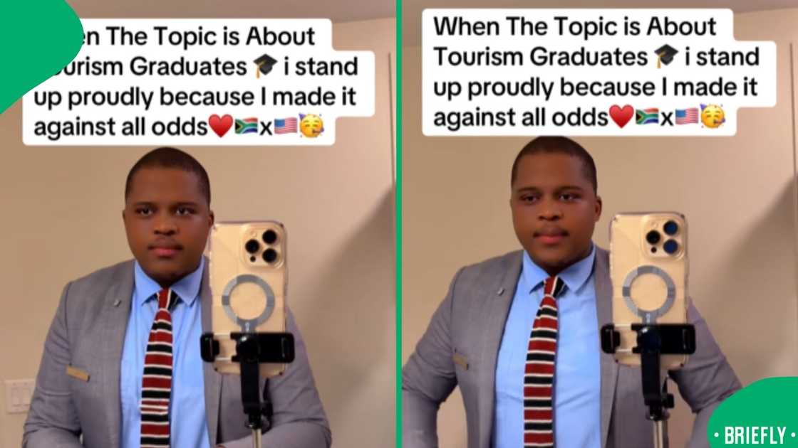 On the right, the South African tourism graduate was seen wearing a shirt and tie after securing a job abroad