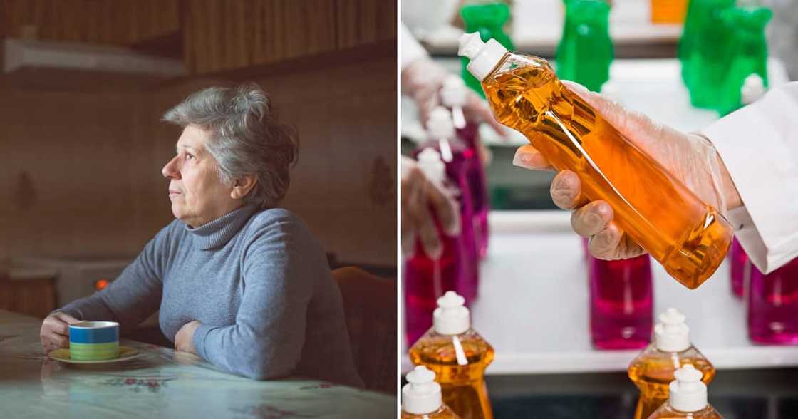 Elderly woman sitting drinking and dishwashing liquid Elderly woman sitting drinking and dishwashing liquid