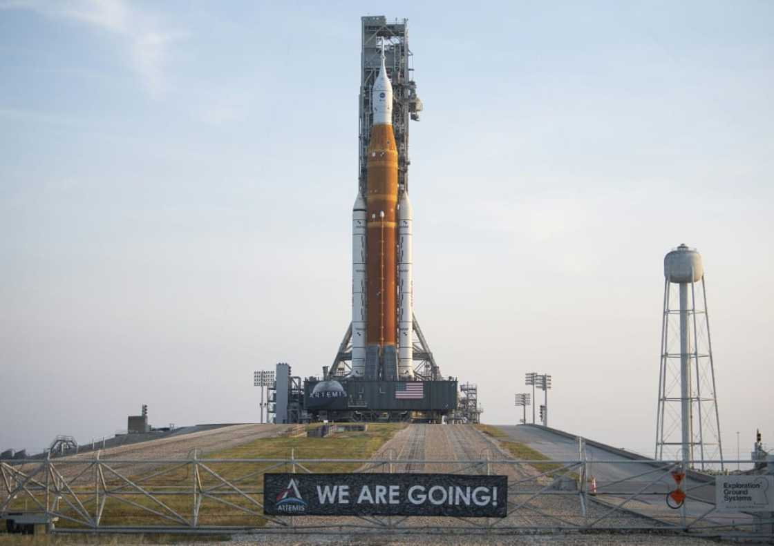 NASA's SLS rocket with an Orion capsule at its tip on launchpad 39B in Cape Canaveral in Florida ahead of the planned launch of the Artemis 1 uncrewed flight to the Moon