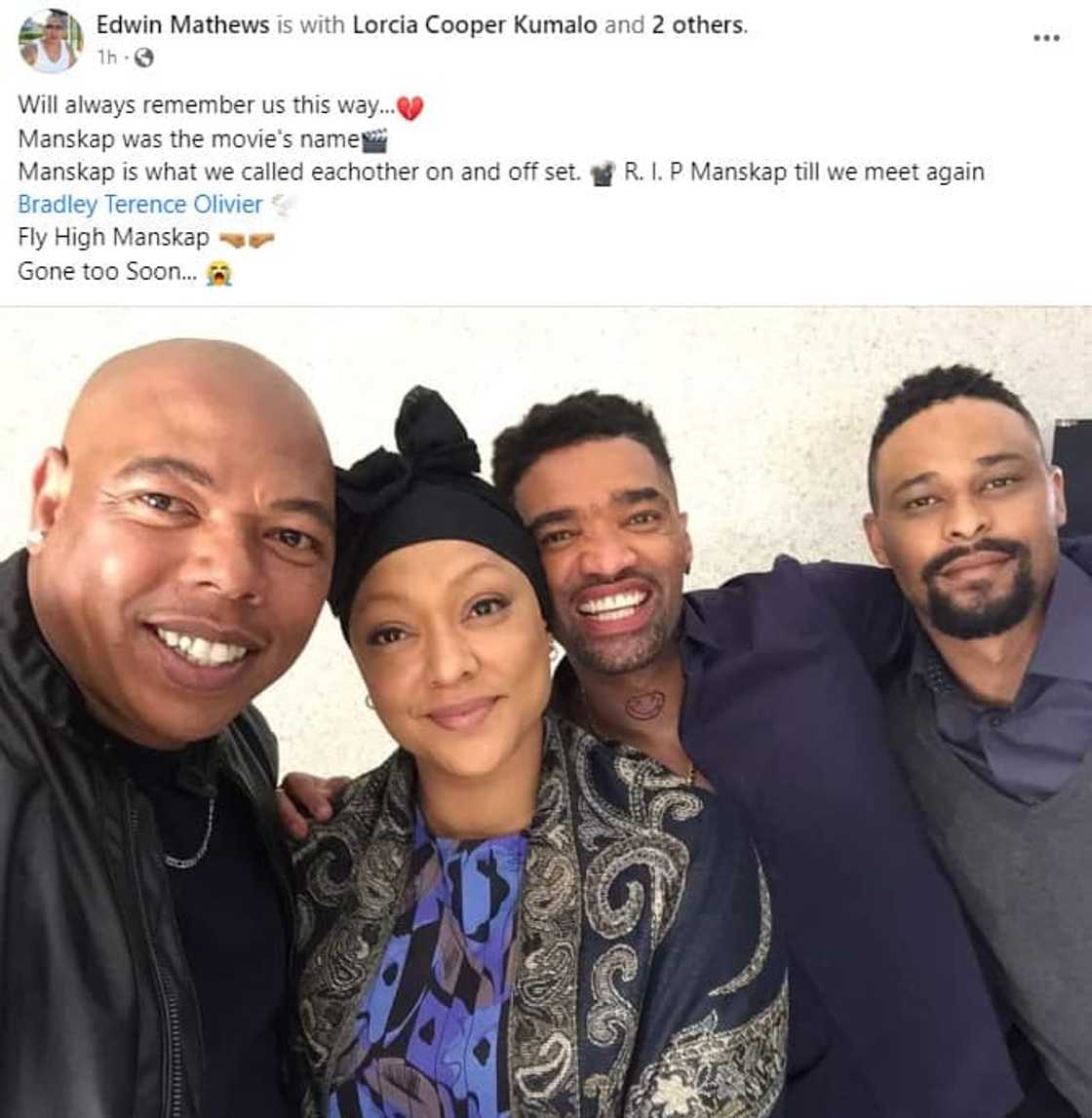 Actress Lorcia Cooper in a tribute to Bradley Olivier. Actress Lorcia Cooper in a tribute to Bradley Olivier.