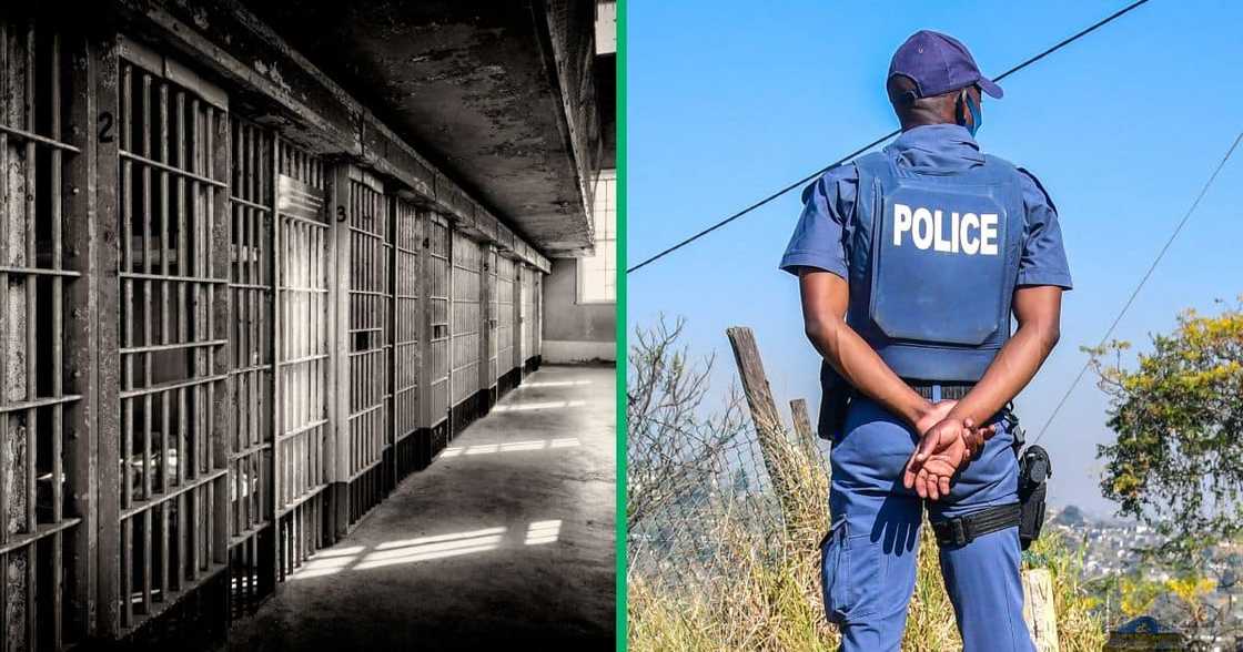 Collage image of prison cells and a South Africa Police Officer Collage image of prison cells and a South Africa Police Officer