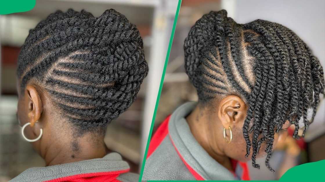 A woman with sleek cornrows and twists A woman with sleek cornrows and twists
