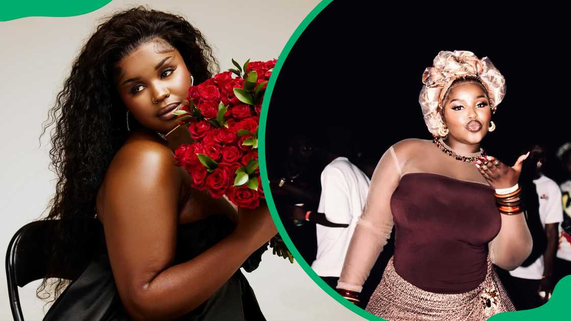 Nkosazana Daughter is pictured in a black dress holding a bouquet of red roses (L) and in a brown-themed African attire (R)