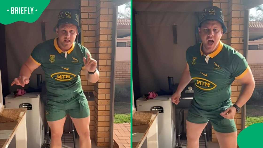 A Springbok fan danced to one of Leon Schuster's old songs. A Springbok fan danced to one of Leon Schuster's old songs.