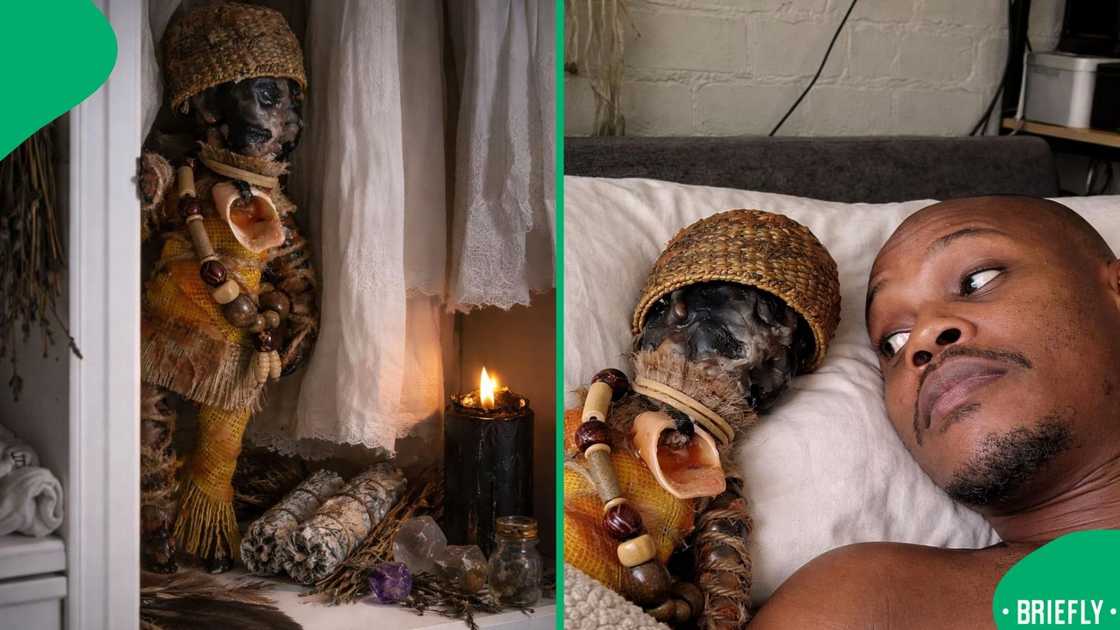 The image on the right showed Glad sitting on the bed with the creature The image on the right showed Glad sitting on the bed with the creature