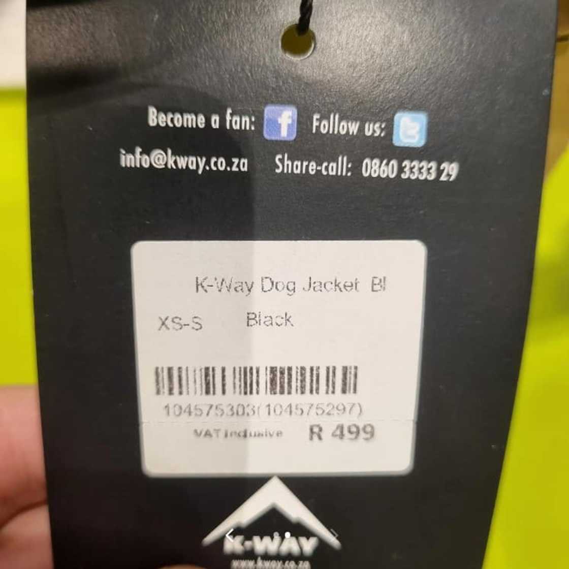A label showing the price of a K-Way dog jacket. A label showing the price of a K-Way dog jacket.