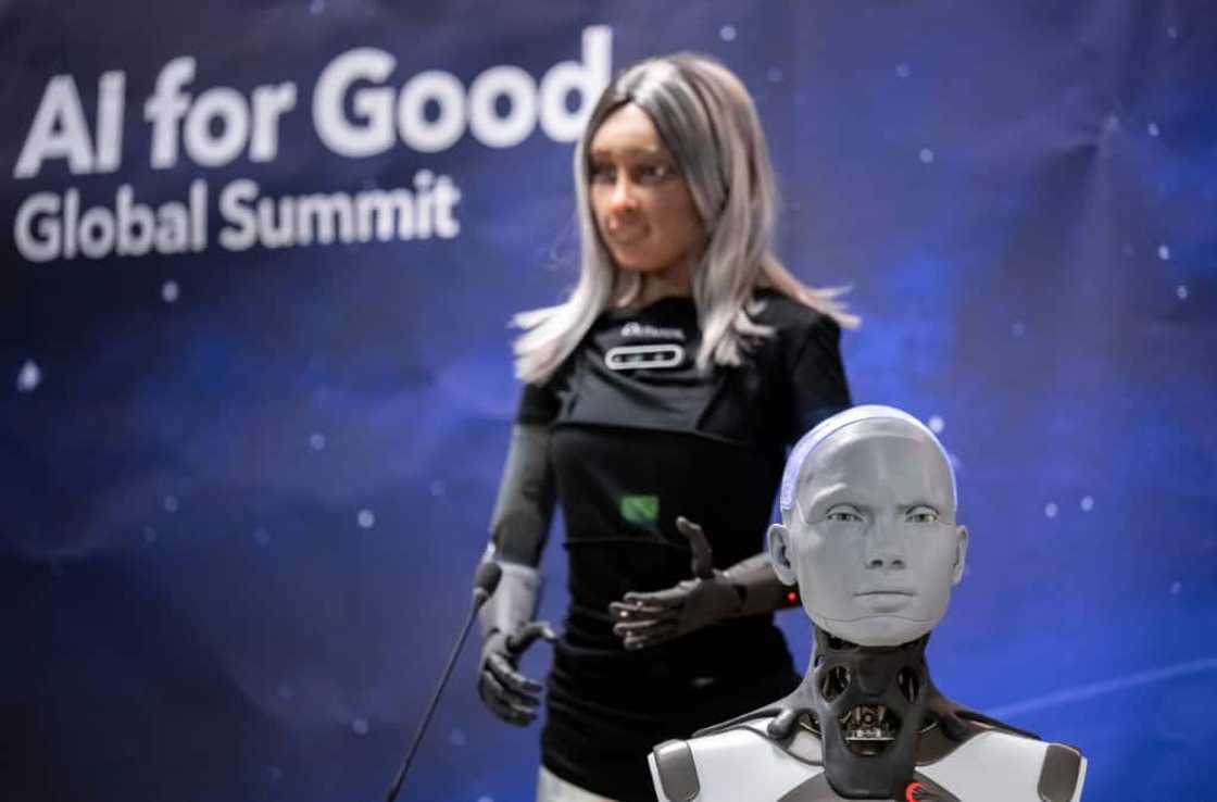 AI-enabled humanoid social robots Mika and Ameca fielded questions at the AI for Good Global Summit press conference AI-enabled humanoid social robots Mika and Ameca fielded questions at the AI for Good Global Summit press conference
