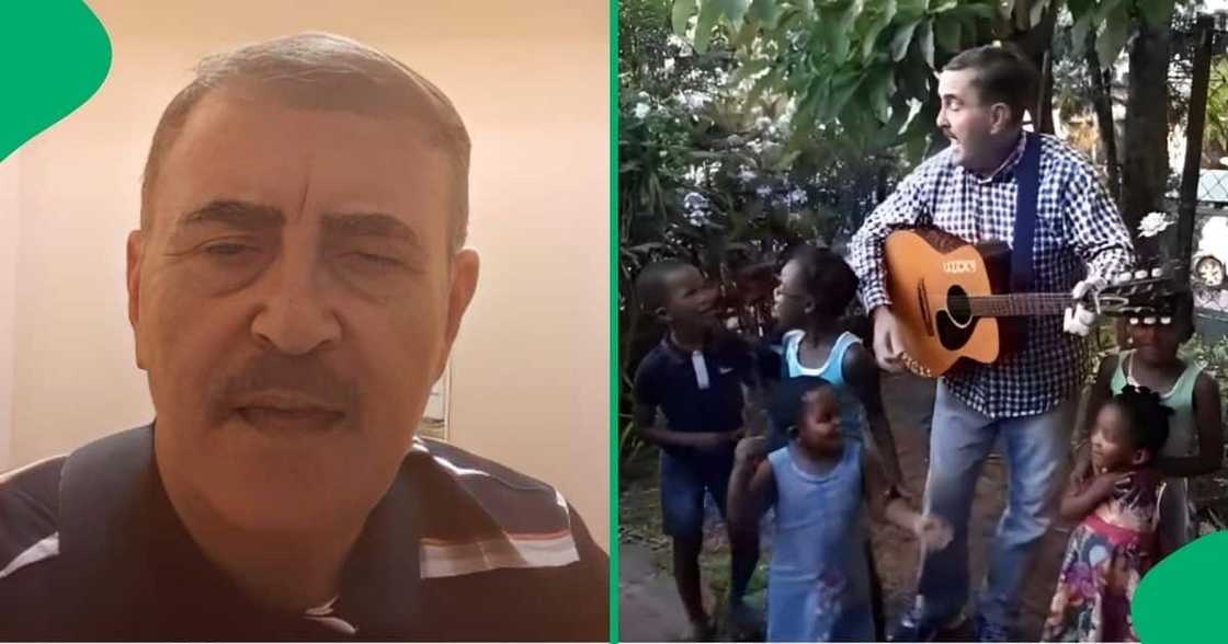 A man and his young neighbours sing Happy Birthday. A man and his young neighbours sing Happy Birthday.