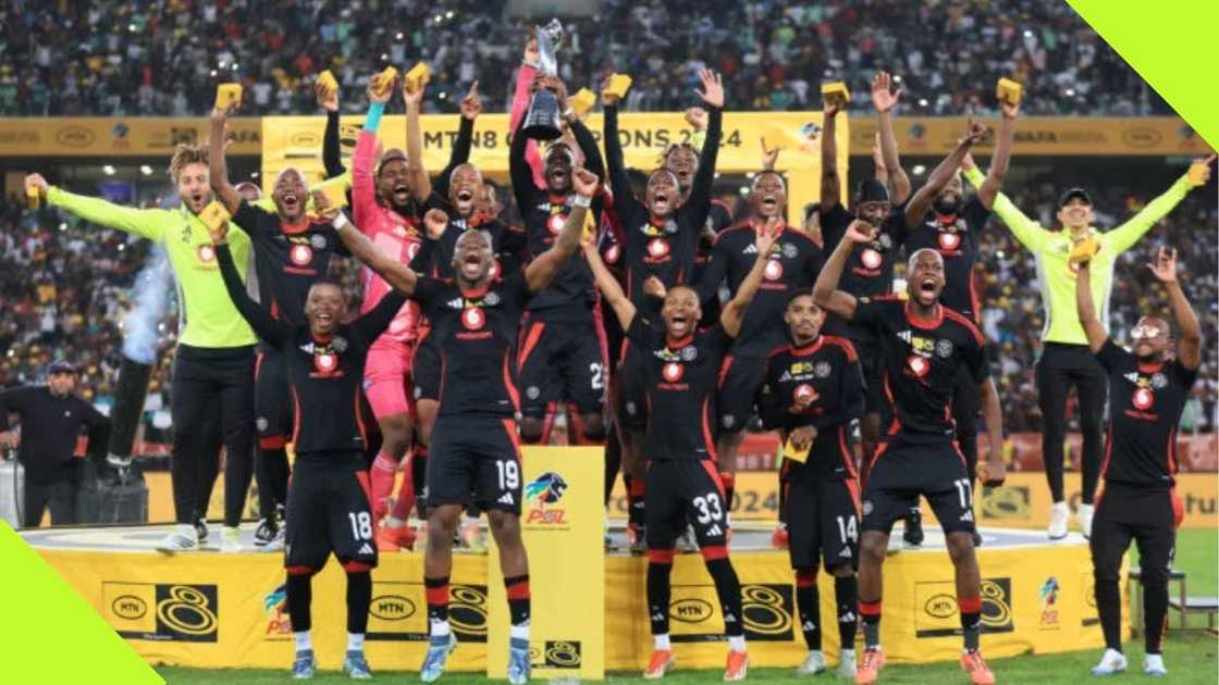 Orlando Pirates players lift the MTN8 title after defeating Stellenbosch FC in the final of the competition at the Moses Mabhida Stadium. Photo: @iDiskiTimes.