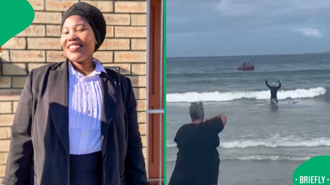 The visual on the right showed the lifeguard celebrating The visual on the right showed the lifeguard celebrating