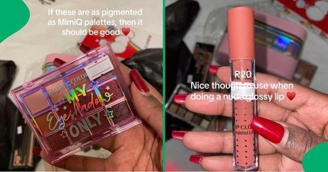 A woman bought an eyeshadow palette and lip gloss from an unnamed store. A woman bought an eyeshadow palette and lip gloss from an unnamed store.