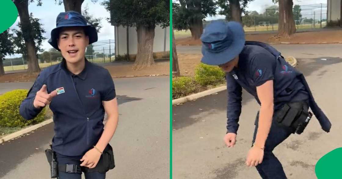 White security guard sings and dances to Zulu song. White security guard sings and dances to Zulu song.