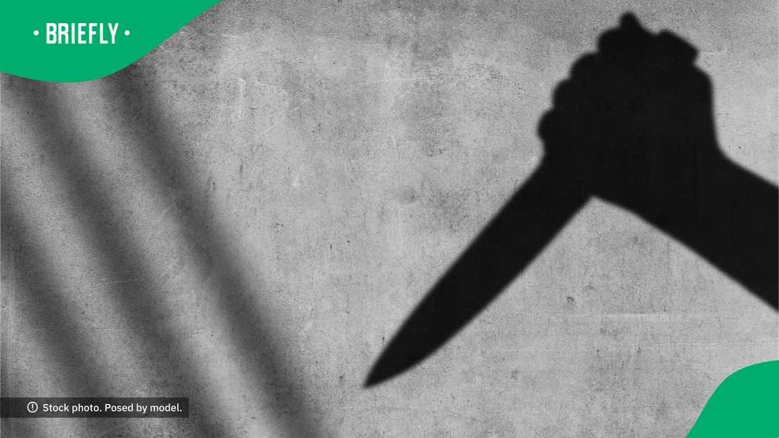 Shadow of the hand holding a knife on wall background