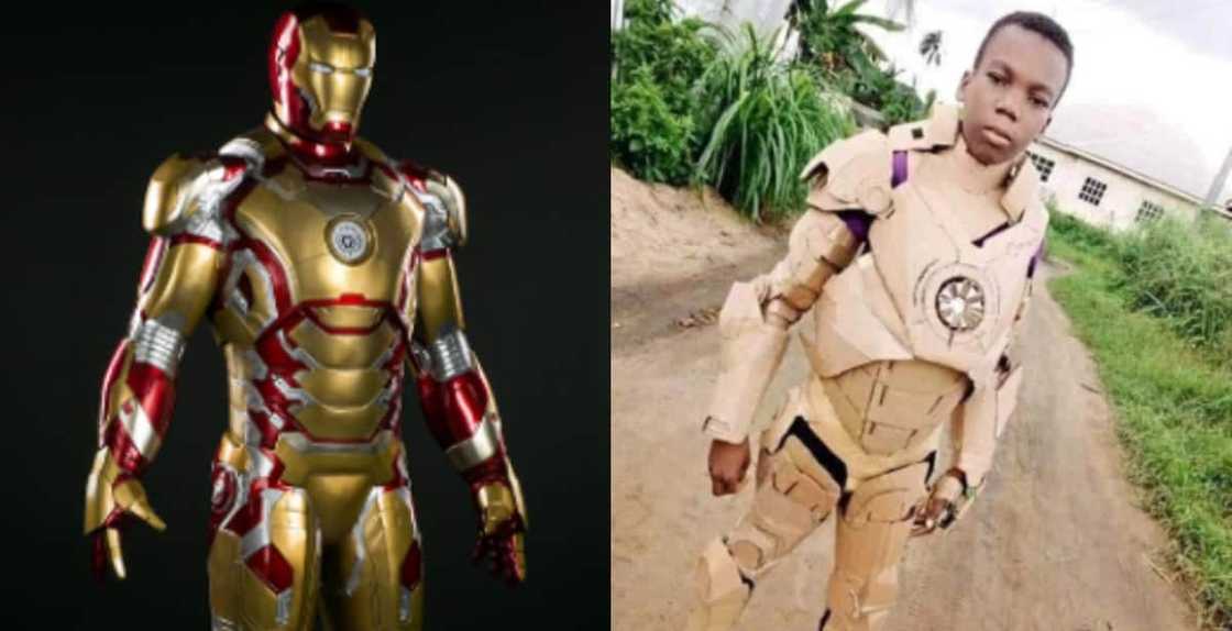 Young man, transforms, papers, iron man, outfit