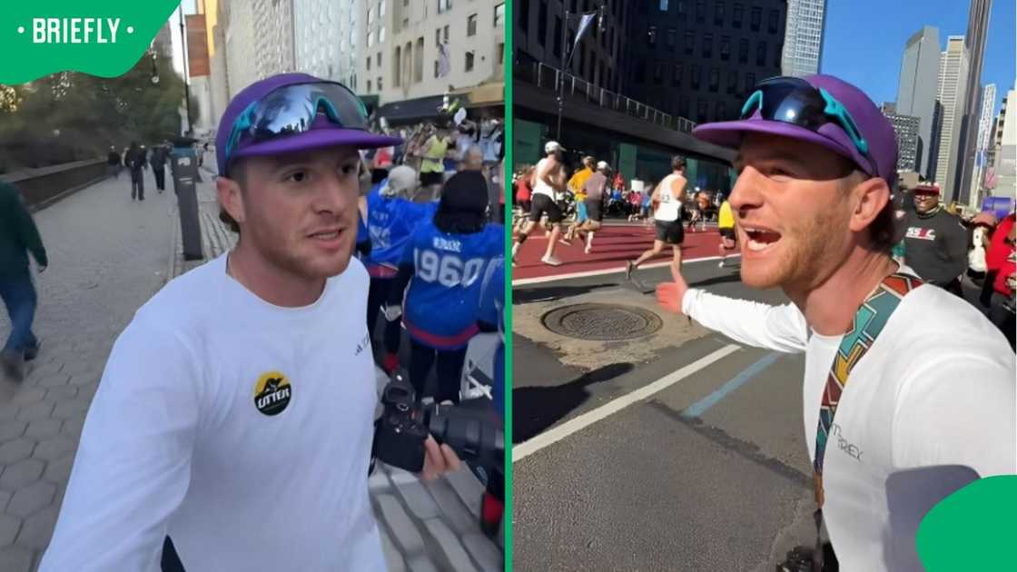 A South African man supported New York City Marathon runners. A South African man supported New York City Marathon runners.