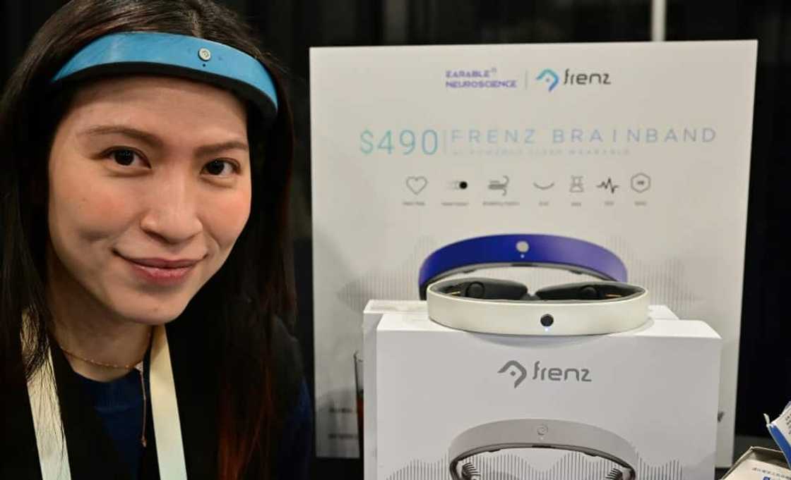 Kim Doan, head of investments at Earable, presents the "Brainband" at the Las Vegas tech show, January 7, 2024 Kim Doan, head of investments at Earable, presents the "Brainband" at the Las Vegas tech show, January 7, 2024