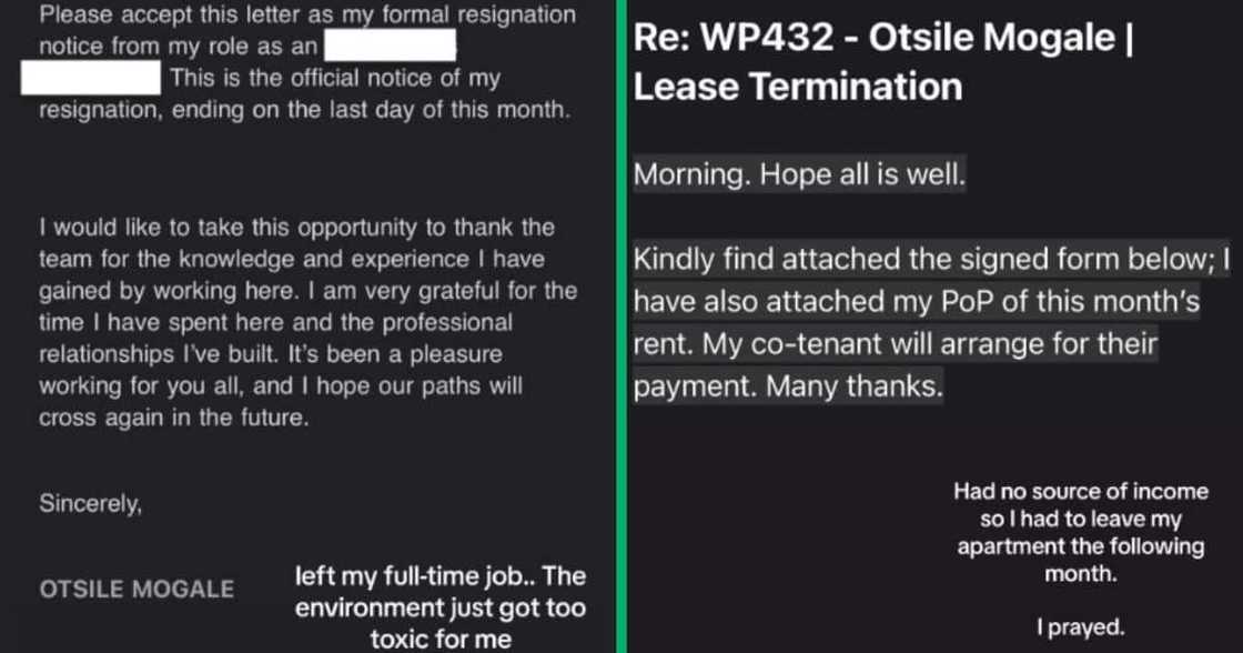 Screenshots of resignation letter and lease termination Screenshots of resignation letter and lease termination