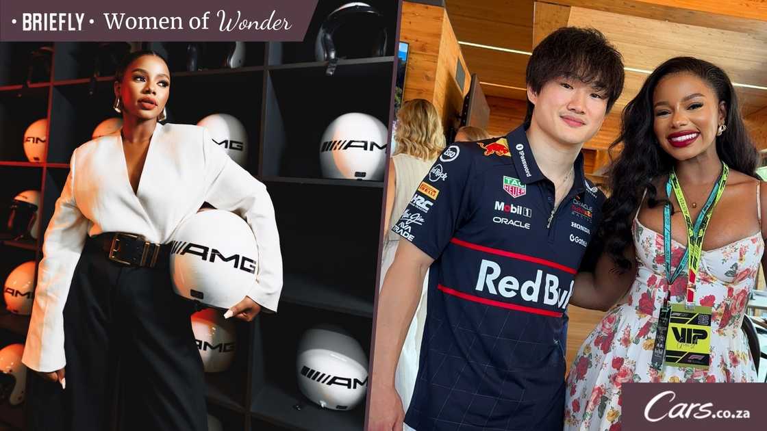 On the left, Pamela Mtanga poses in a white blazer and black trousers holding a Mercedes-AMG helmet. On the right, she stands with Red Bull driver Yuki Tsunoda at the Austrian Grand Prix, wearing a floral dress and VIP guest lanyard. On the left, Pamela Mtanga poses in a white blazer and black trousers holding a Mercedes-AMG helmet. On the right, she stands with Red Bull driver Yuki Tsunoda at the Austrian Grand Prix, wearing a floral dress and VIP guest lanyard.