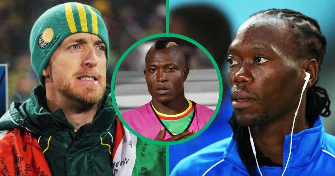 South Africa’s Matthew Booth at 2010 FIFA World Cup during Group A match between South Africa and Uruguay at Loftus Versfeld Stadium in Pretoria, Reneilwe Letsholonyane of South Africa looks on during 2014 training session at ANZ Stadium in Sydney.