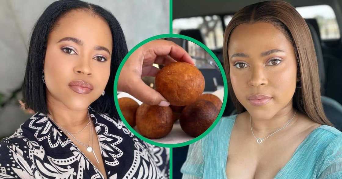 Woman shows perfectly round vetkoek. Woman shows perfectly round vetkoek.