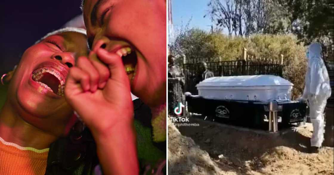 Laughing people and a coffin Laughing people and a coffin