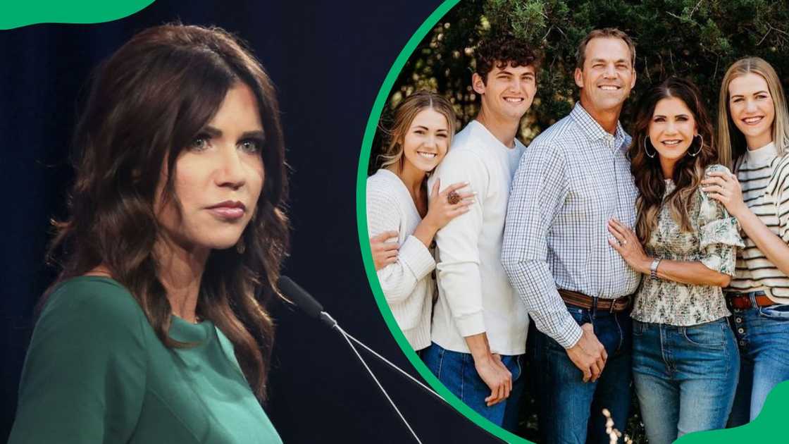 Governor Kristi at the 2021 Conservative Political Action Conference (L). Noem and her family posing a photo (R)