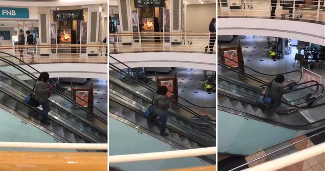 An out-of-the-ordinary woman walked down an escalator going up in a strange clip An out-of-the-ordinary woman walked down an escalator going up in a strange clip