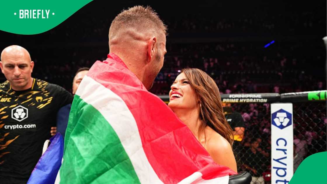 Dricus Du Plessis and Vasti Spiller celebrate after the South African fighter defeated Sean Strickland in the UFC middleweight championship fight. Dricus Du Plessis and Vasti Spiller celebrate after the South African fighter defeated Sean Strickland in the UFC middleweight championship fight.
