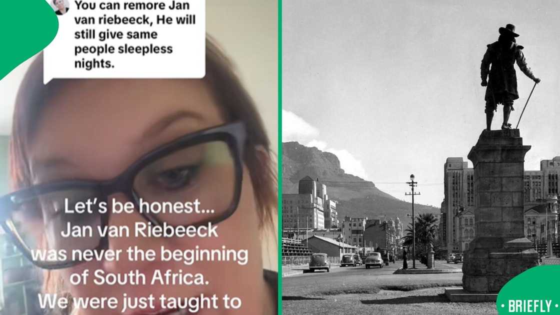 The image showed Lindi speaking candidly in a video frame, paired with a classic portrait of Jan van Riebeeck, visually connecting her commentary to the historical figure The image showed Lindi speaking candidly in a video frame, paired with a classic portrait of Jan van Riebeeck, visually connecting her commentary to the historical figure