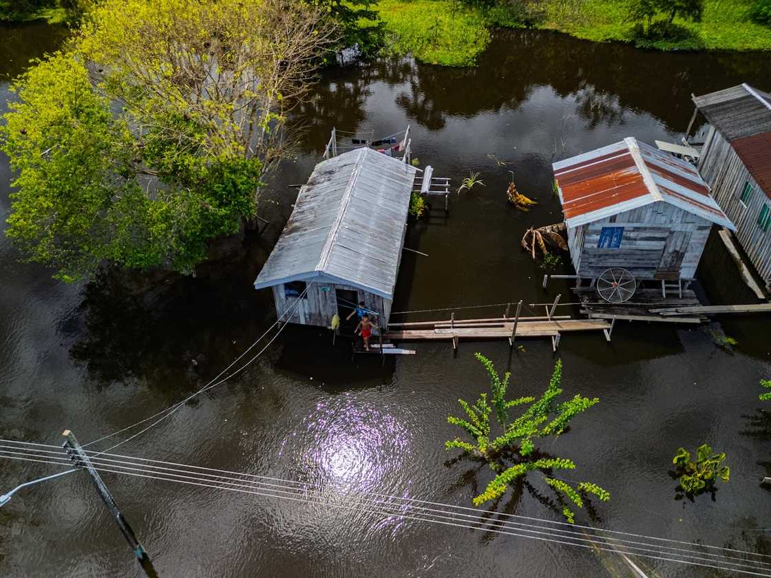 Flooded wooden houses stand along a river connected by a walkway. Flooded wooden houses stand along a river connected by a walkway.
